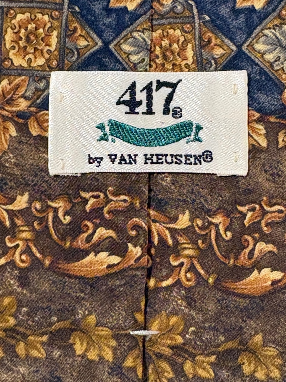 417 by Van Heusen Vintage All Silk Tie Brown Blue Brocade Leaf Pattern
